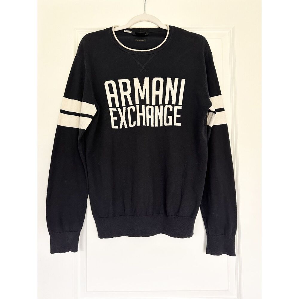 Armani Exchange A|X Mens M Cotton Cashmere Sweater Navy Varsity Logo Crewneck